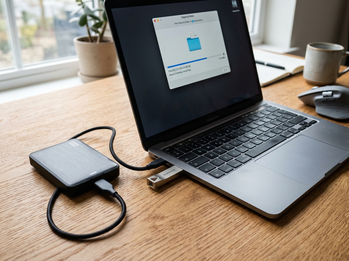 External hard drive connected to laptop