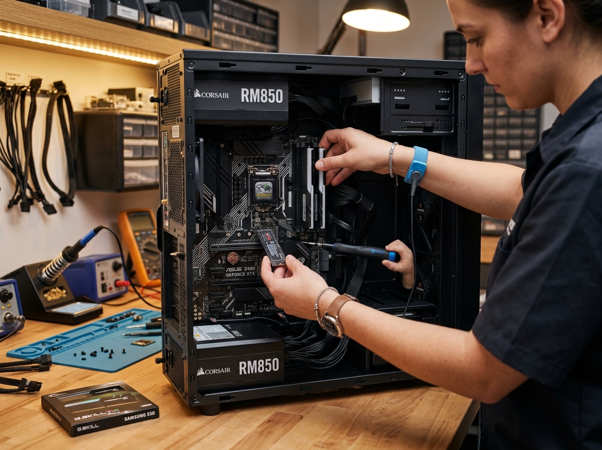 Technician upgrading memory inside a desktop PC case