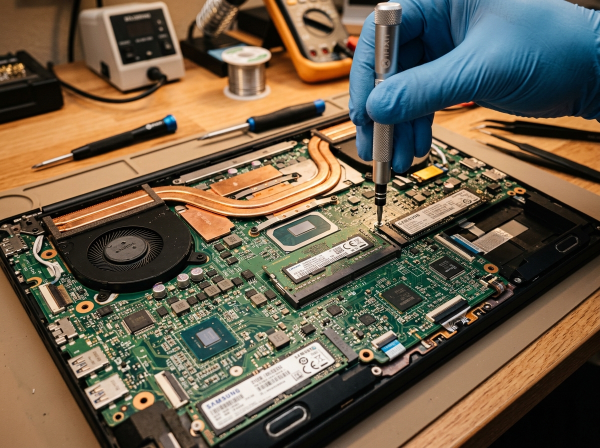 Laptop motherboard repair close-up