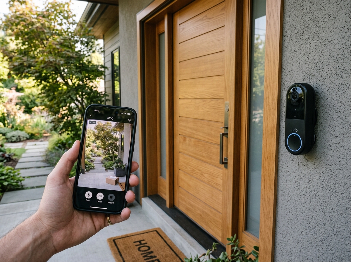 Smart doorbell camera on front door