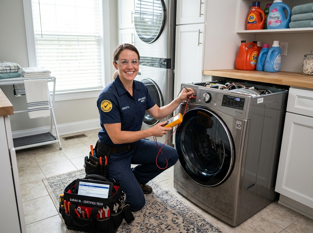 Technician diagnosing appliance failure